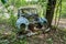 Old car wreck left to rust in the forest