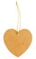 Old cardboard tag in the shape of a heart with golden thread