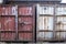 Old Cargo containers with scratch and rust. Steel padlock, metal door of cargo containers