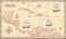 Old caribbean sea map. Ancient pirate routes, fantasy sea pirates ships and vintage pirate maps vector concept