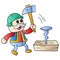 The old carpenter is hitting the nails in the wood with a hammer, doodle icon image kawaii