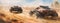 Old cars race at post-apocalyptic times, panoramic view of vintage iron vehicles drive fast on desert like movie. Concept of