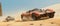 Old cars race at post-apocalyptic times, vintage iron vehicles drive fast on desert like futuristic movie. Concept of fantasy,