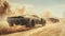Old cars race in post-apocalyptic world, vintage vehicles drive fast on desert like futuristic movie. Concept of fantasy, dystopia