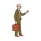 Old cartoon businessman in business suit and suitcase standing