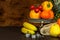 Old cast iron kitchen scale with fruit and vegetables. Healthy eating. Selling fruit.