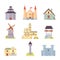 Old castle, europe palace building vector illustrations. Medieval historical buildings, architecture Towers and old city