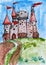 Old castle, tower with flag, medieval stronghold, child drawing watercolor on paper, hand drawn art picture