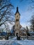 Old catholic church in the Latvian city of Jurmala in snowy December 2021