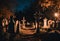 an old cemetery at night, with a path and light fixture lit up