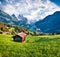 Old chalet on the lawn in Wengen village. Green morning scene of countryside in Swiss Alps, Bernese Oberland in the canton of Bern