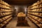 Old cheese factory in Tuscany, Italy. Italian cheese production, A cheese aging cellar with rows of cheese wheels on wooden