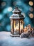 Old christmas candle lantern in snow against blurred background. Selective focus and shallow depth of field