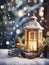 Old christmas candle lantern in snow against blurred forest background. Selective focus and shallow depth of field