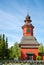 Old church bell tower next to cemetery