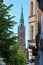 Old church with green roof artistic exterior in city