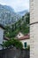 Old church inside Stari Grad, Kotor, Montenegro. Kotor bay and Old Town from Lovcen Mountain. Montenegro. Tower with mountains in