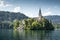 Old church on an island on Bled lake in Slovenia