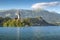 Old church on an island on Bled lake in Slovenia