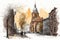 Old city in Berlin drawing with bit of watercolour