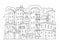 Old city buildings sketch town. Houses multistory outdoors street windows. Hand drawn black line