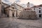 Old City of Dubrovnik. Historical town square with big Onofrio fountain, sunrise cityscape, Croatia