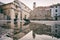 Old City of Dubrovnik. Historical town square with big Onofrio fountain, sunrise cityscape, Croatia