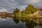 The old city Hamelin on a river, Germany