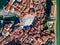 Old city Piran in Slovenia, aerial view of Tartini Square, St. George`s Parish Church and marina