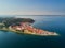 Old city Piran in Slovenia, bird`s eye view. Aerial photo