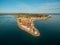 Old city Piran in Slovenia, bird`s eye view. Aerial photo