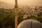 Old city of Sanliurfa, Turkey. Mevlidi Halil Cami mosque and minarets at dusk.