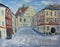 Old city street in winter, clouds, snow, oil painting