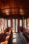 Old classic train wooden interior with curtain and afternoon light