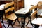 Old classroom with vintage desks.