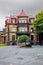 Old classy historical victorian house facade with stone wall in Montreal, Quebec, Canada