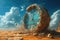 Old clock in desert, surreal scene with motion of sand and vintage dial in summer. Concept of time, waste, art, history, nature,