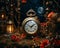 an old clock sits on a table surrounded by flowers and candles