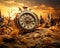 an old clock sitting on top of a pile of leaves