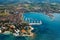 Old coastal city Umag in Croatia, aerial view. Istria, Europe