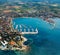 Old coastal city Umag in Croatia, aerial view. Istria, Europe