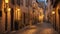 An old, cobblestone street winding through a historic European town.