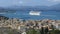 Old Corfu town cityscape, Greece. View to Kerkyra town from the Old Fortress. Bell tower of Saint Spyridon church