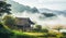 Old cottage house small thatched house on a hill, in the style of misty atmosphere, There are trees, fresh green forests. Behind