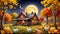 Old country farm house chicken yard evening moon fall autumn color