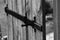Old Countryside Wooden Barn Door Lock and Handle. Black and White Ancient Still Life, Rural Vintage. Wood.