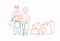 Old couple and dog hold shopping bags with purchases. Line cartoon style vector illustration