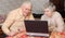 Old couple look to the laptop with active interest