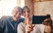 Old couple, phone and selfie smile in restaurant spending quality time together. Romance, love and retired man, woman