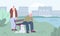 Old couple rest on city park. Nature town landscape, elderly walking with dog. Flat cartoon vector woman and man sitting